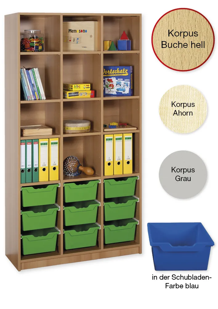 Material-Hochschrank-Regal L, Basistiefe, 12 Fachböden, 9 Schubladen XL