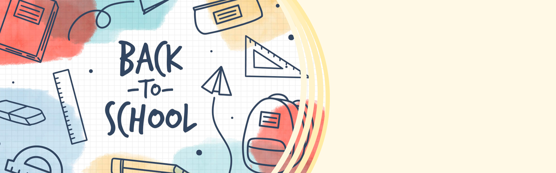 Farbenfrohes Grafikdesgin mit der Aufschrift "Back to School" und handgezeichneten Schulutensilien wie Buch, Rucksack, Lineal, Bleistift und Federmäppchen
