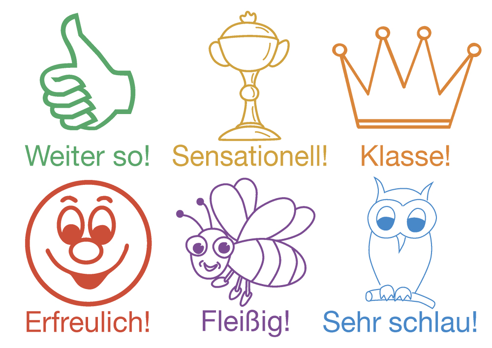 Sæt lærerstempel træ, 6 stk. "Motivation", forskellige farver