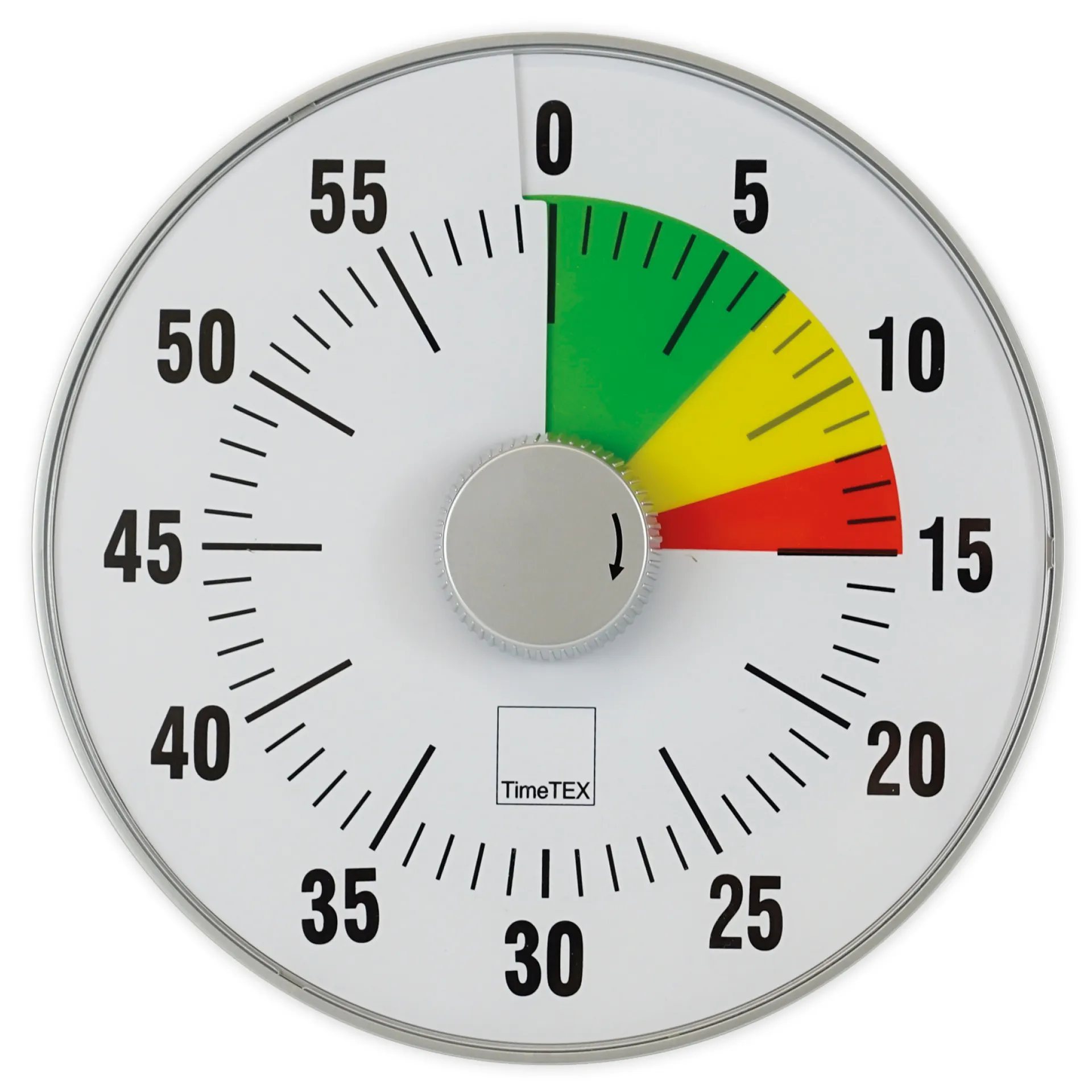 Timer silencieux TimeTex, Taille L, 19 cm Ø, cadran argent et disque tricolore