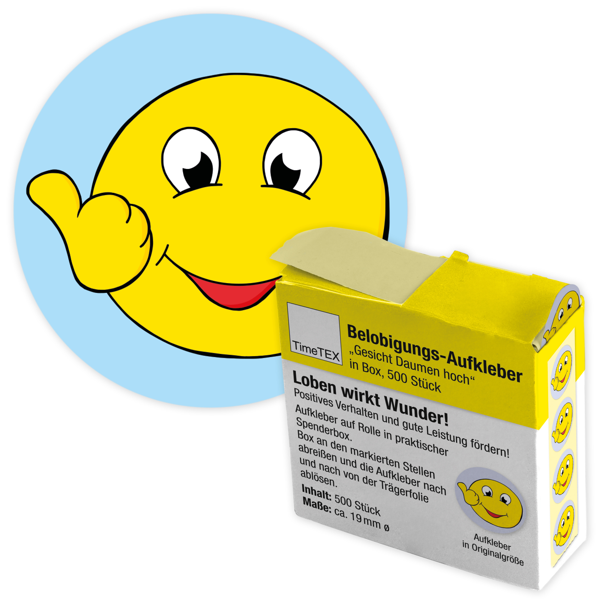Belobigungs-Aufkleber "Gesicht Daumen hoch" in Spender-Box, 500 Stück