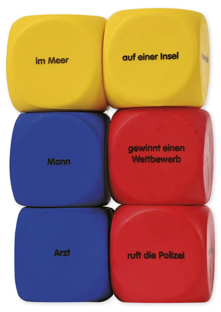 Set Flüster-Würfel 6-tlg. Deutsch "Geschichten-Einstieg", 4 cm