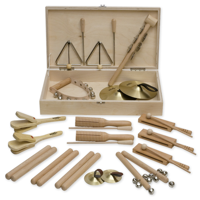 Percussie-set, 18-delig, in houten box
