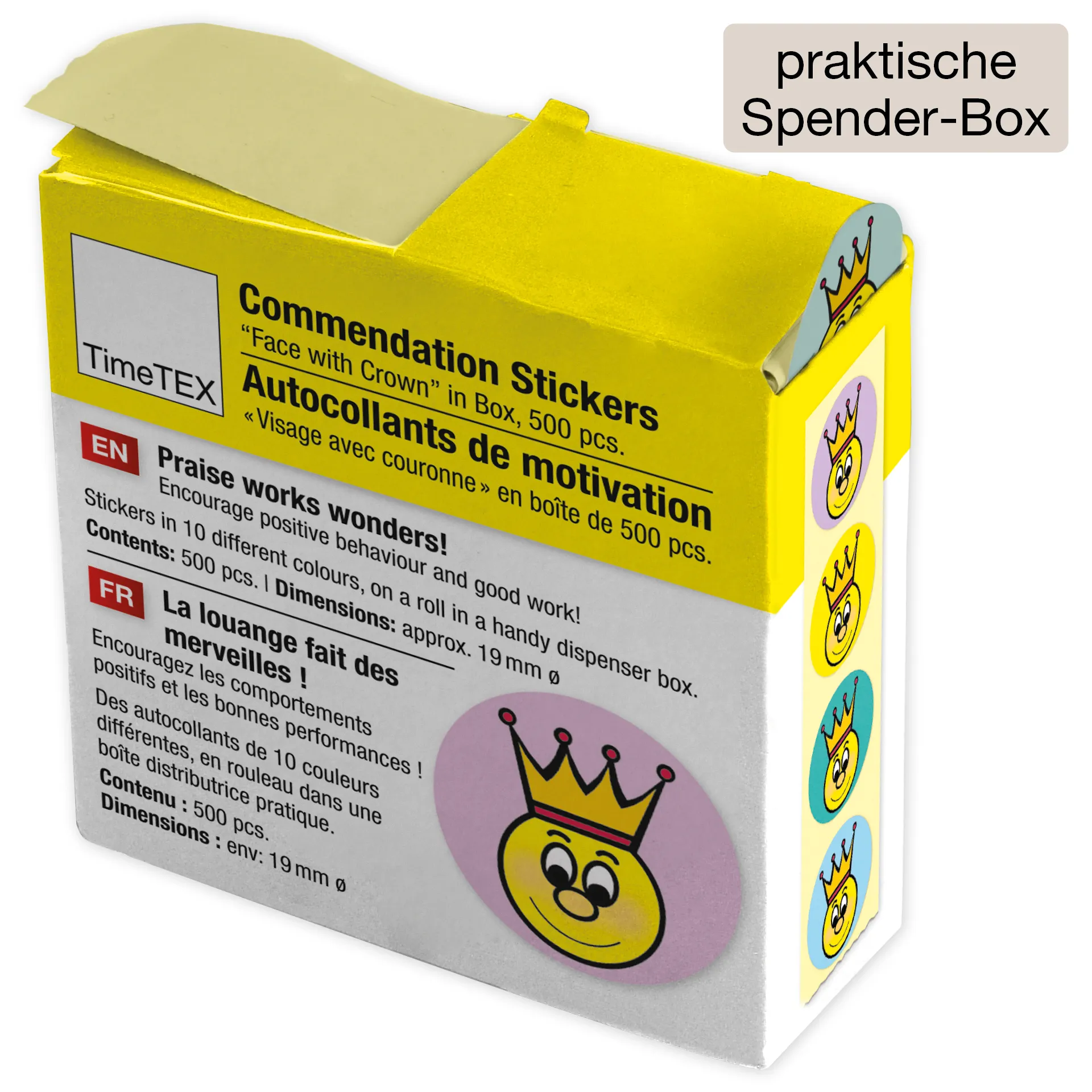 Belobigungs-Aufkleber "Gesicht mit Krone" in Spender-Box, 500 Stück