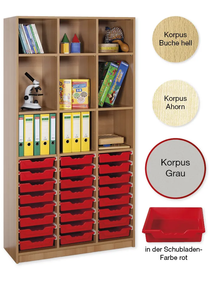 Material-Hochschrank-Regal L, Basistiefe, 9 Fachböden, 24 Schubladen L