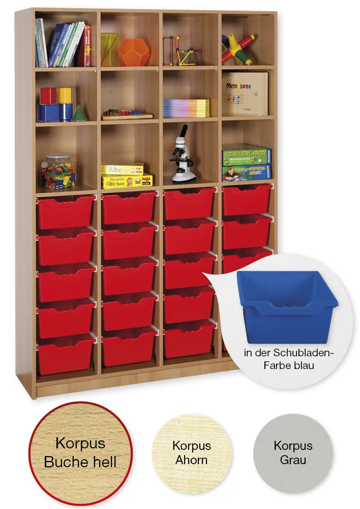 Material-Hochschrank-Regal XL, Basistiefe, 12 Fachböden, 20 Schubladen XL