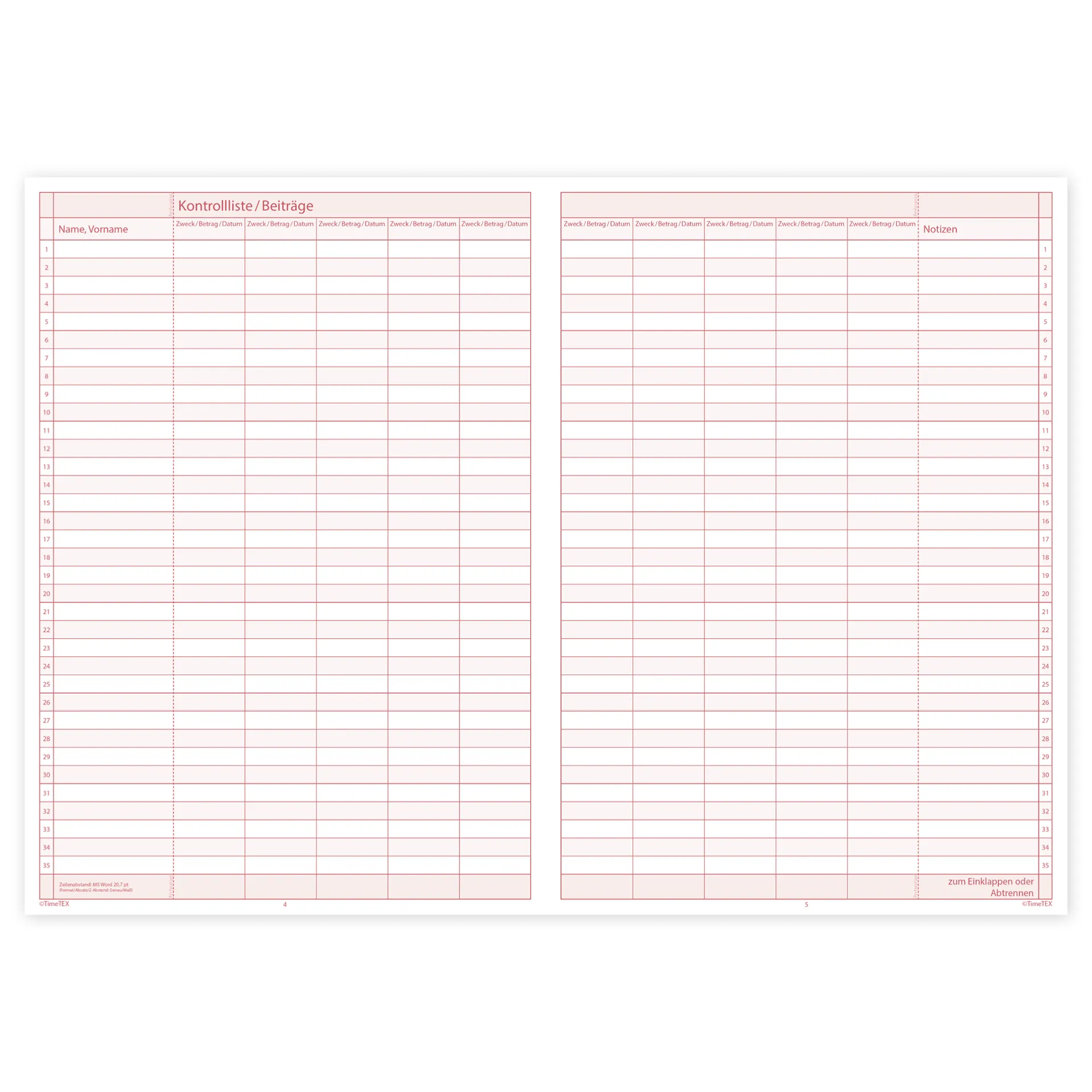 TimeTEX Klassen-Checklisten, A4 