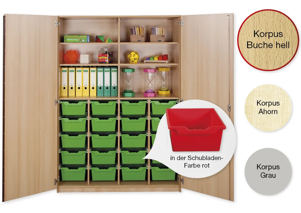 Material-Hochschrank XXL, Plustiefe, 6 Fachböden, 20 Schubladen XL