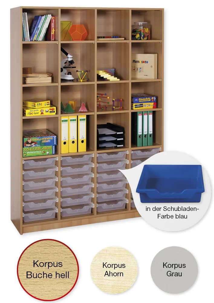 Material-Hochschrank-Regal XL, Basistiefe, 16 Fachböden, 24 Schubladen L