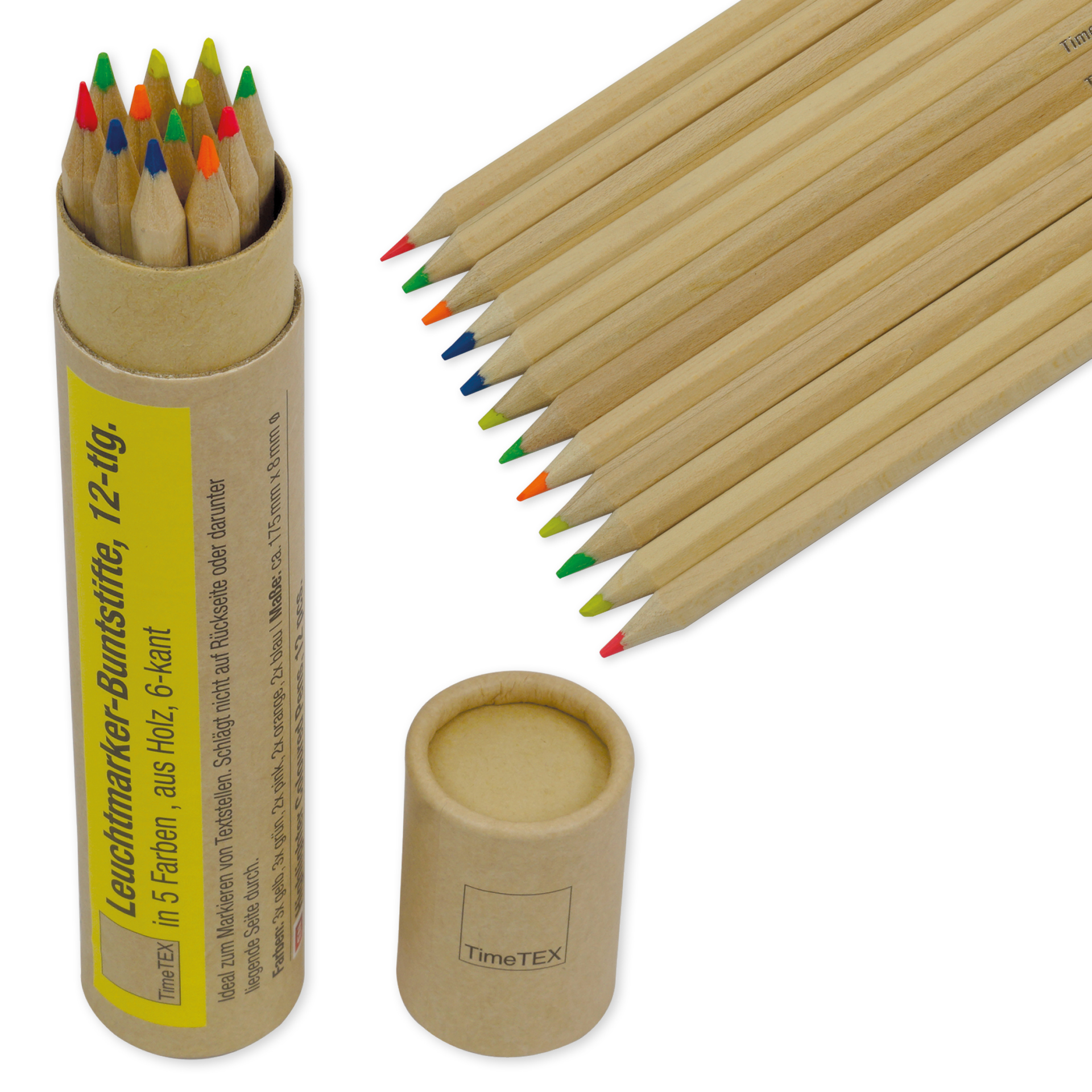 TimeTEX - Creioane colorate în culori neon, din lemn, hexagonale, 12 bucăți, în 5 culori