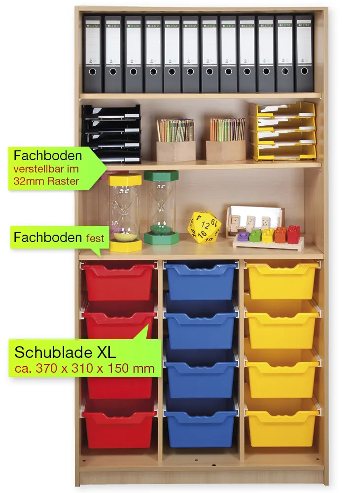 Material-Hochschrank-Regal L, Plustiefe, 3 Fachböden, 12 Schubladen XL