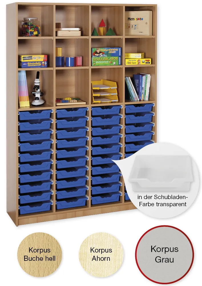 Material-Hochschrank-Regal XL, Basistiefe, 12 Fachböden, 40 Schubladen L