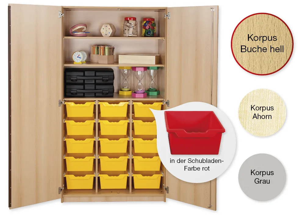 Material-Hochschrank L, Plustiefe, 3 Fachböden, 15 Schubladen XL