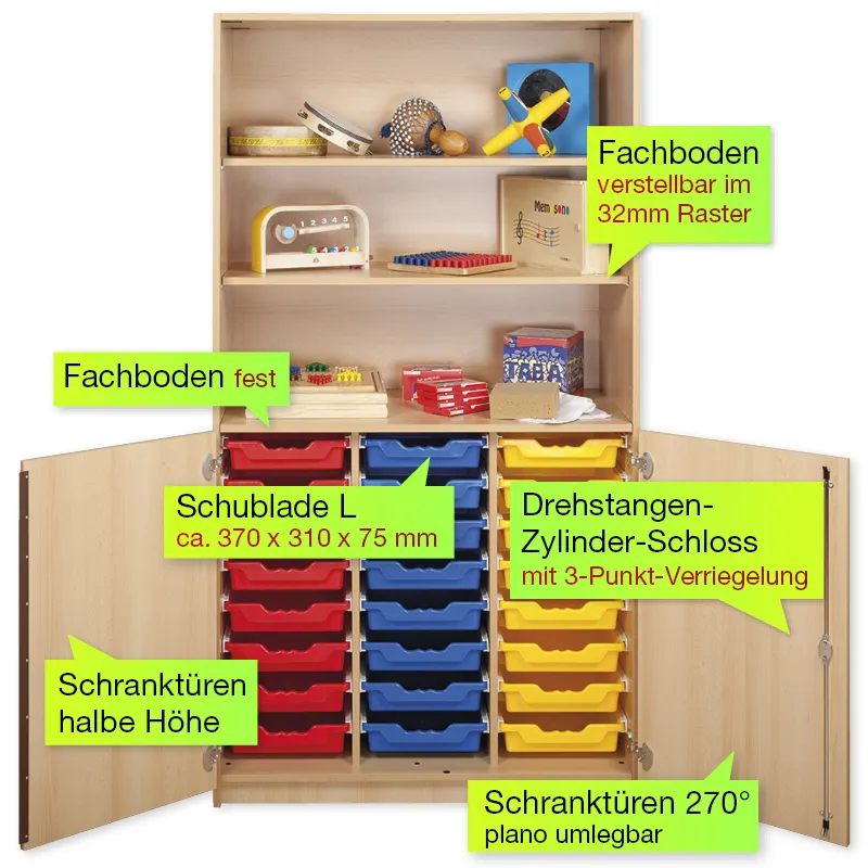 Material-Kombi-Hochschrank-Regal L, Plustiefe, 3 Fachböden, 24 Schubladen L