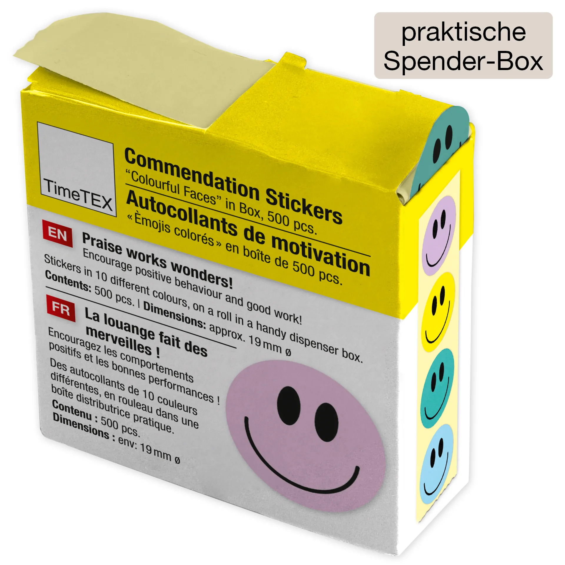 Beloningsstickers "gekleurde gezichtjes" in dispenser, 500 stuks