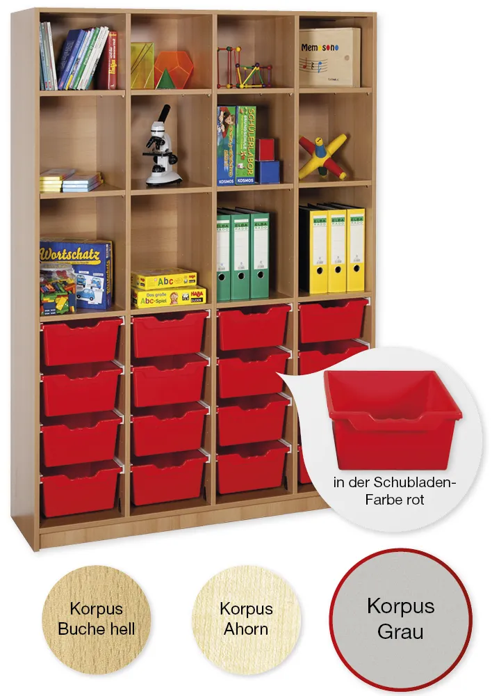 Material-Hochschrank-Regal XL, Basistiefe, 12 Fachböden, 16 Schubladen XL