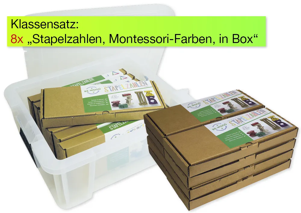 Klassensatz Stapel-Zahlen Montessori-Farben, 8-tlg., in Stapel-Box "Montessori Premium"