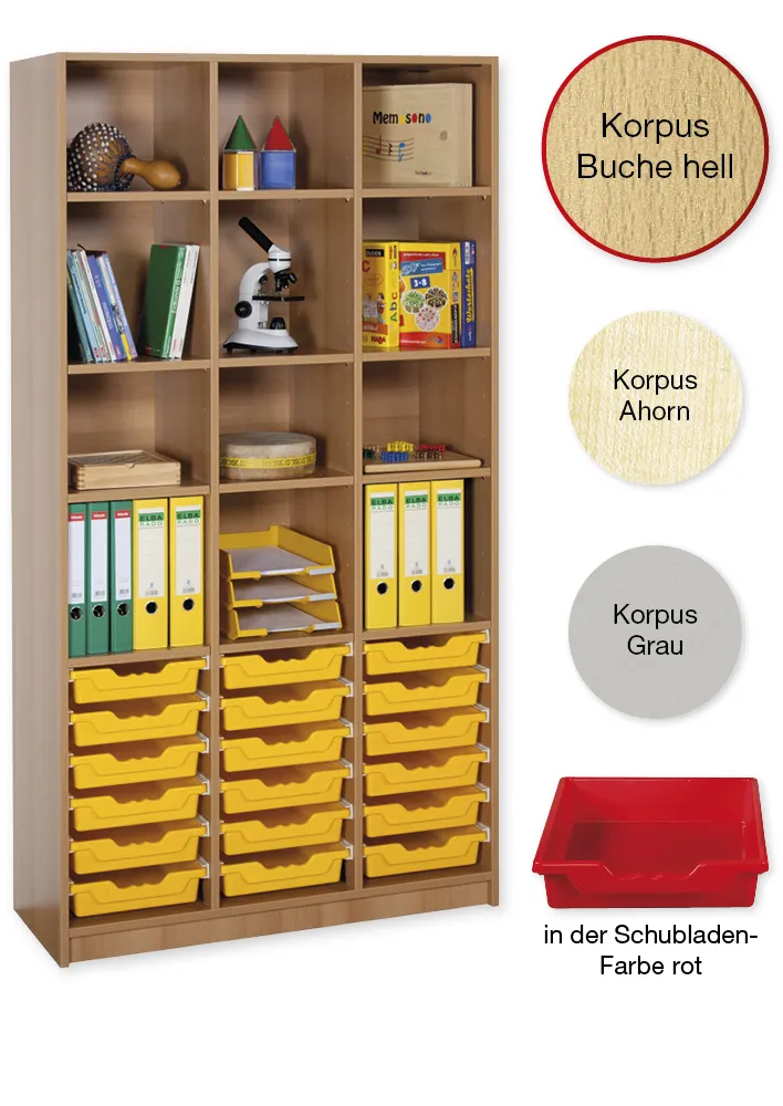 Material-Hochschrank-Regal L, Basistiefe, 12 Fachböden, 18 Schubladen L