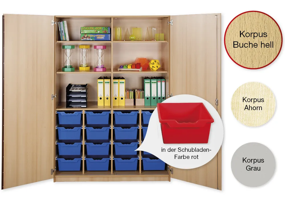Material-Hochschrank XXL, Plustiefe, 6 Fachböden, 16 Schubladen XL