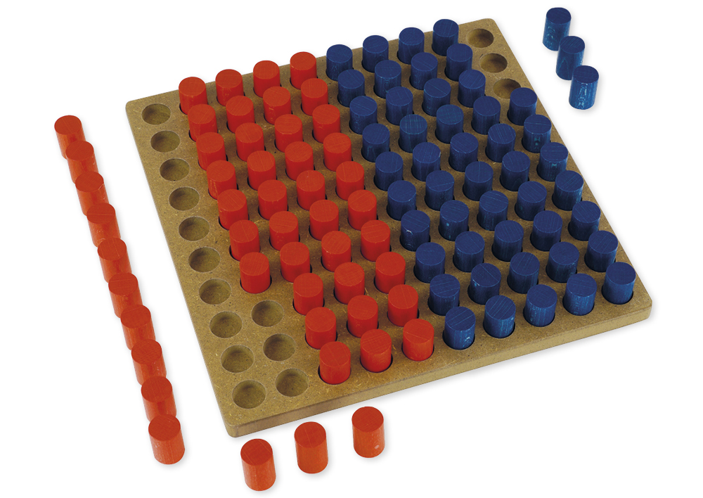 Hagemann Hunderter-Steckbrett mit Türmchen, 100-er Zahlenraum, rot-blau, 101-tlg.