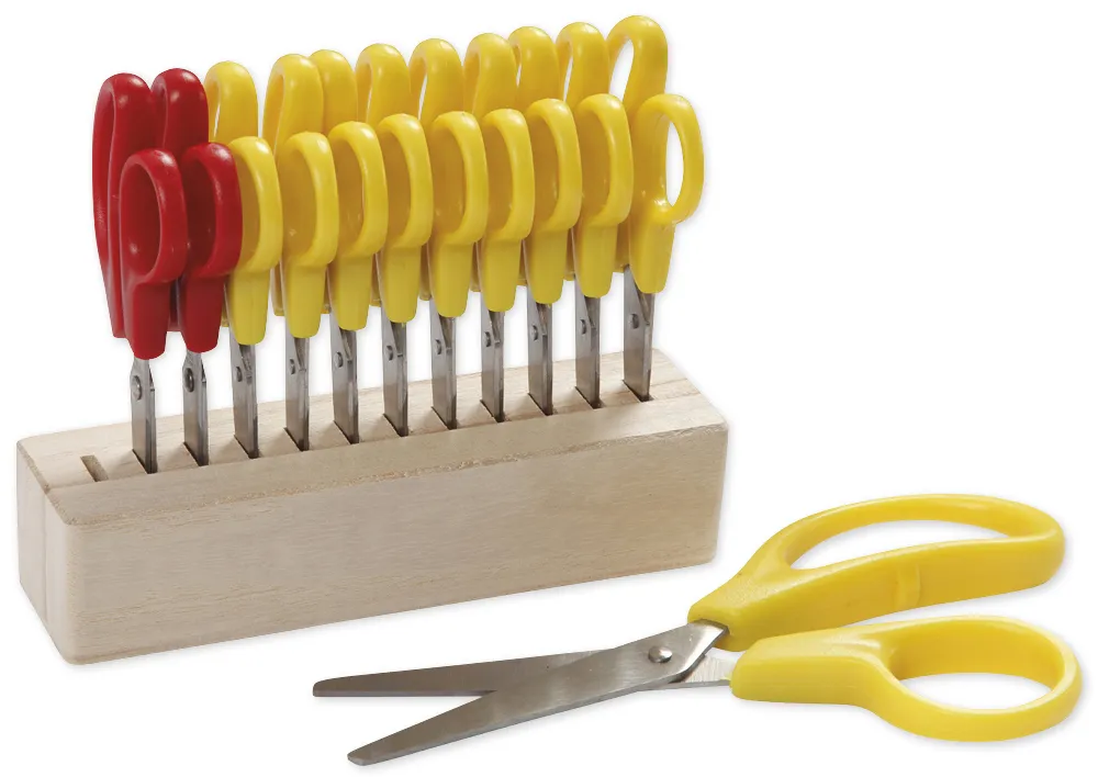 Kinderscheren mit großen Grifflöchern im Holzständer, 13-tlg.