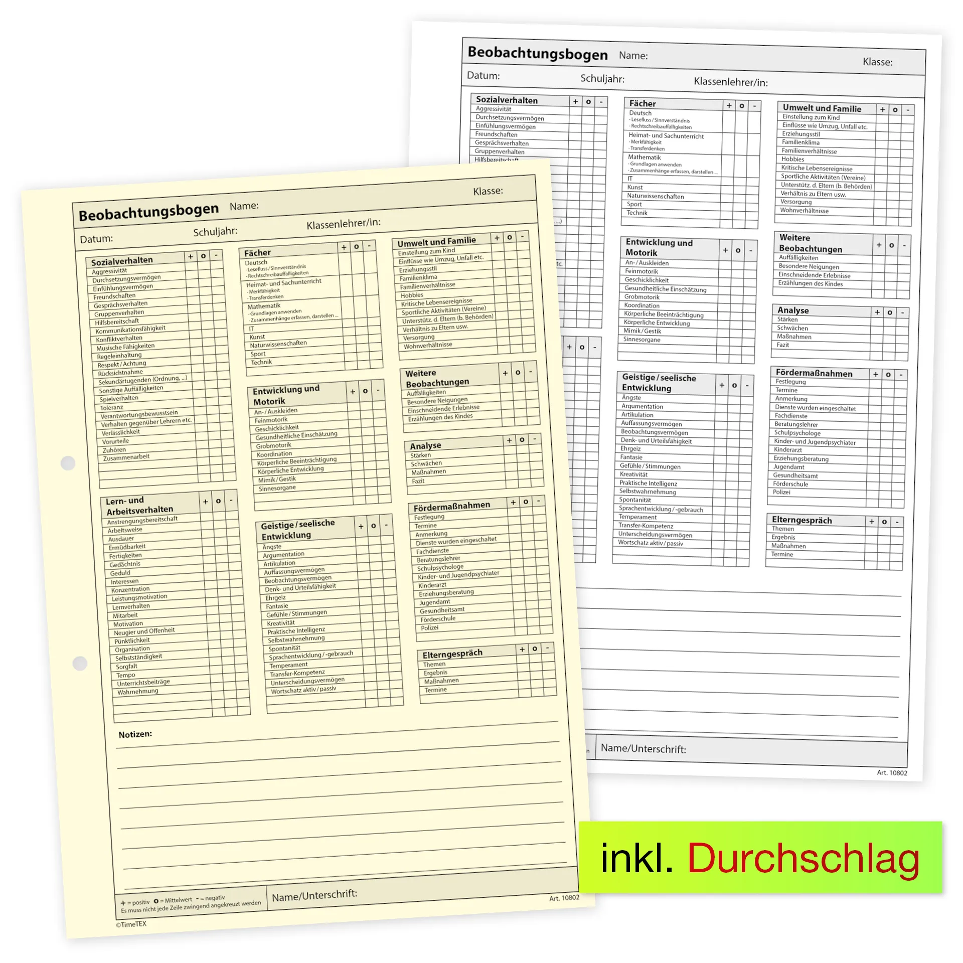 TimeTEX Block Schüler-Beobachtung A4, 30 Blatt mit Durchschlag