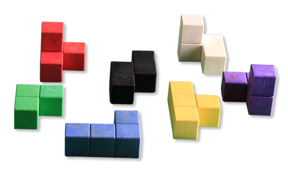 Soma-Holz-Würfel 60x60 mm, 7 Figuren bunt in Box
