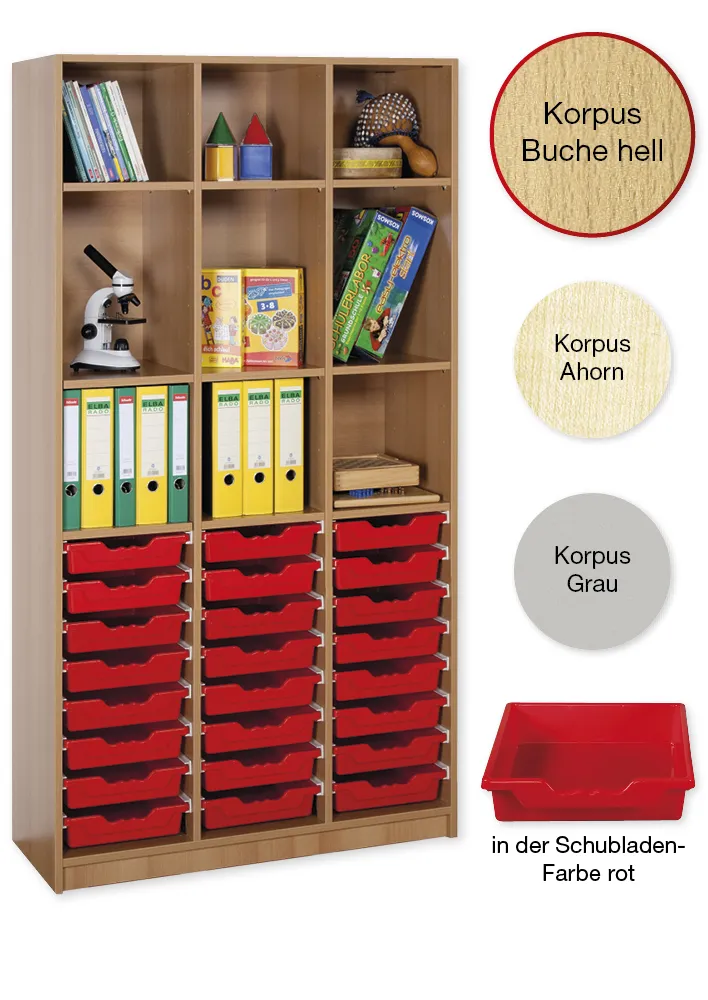 Material-Hochschrank-Regal L, Basistiefe, 9 Fachböden, 24 Schubladen L