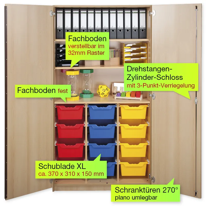 Material-Hochschrank L, Plustiefe, 3 Fachböden, 12 Schubladen XL