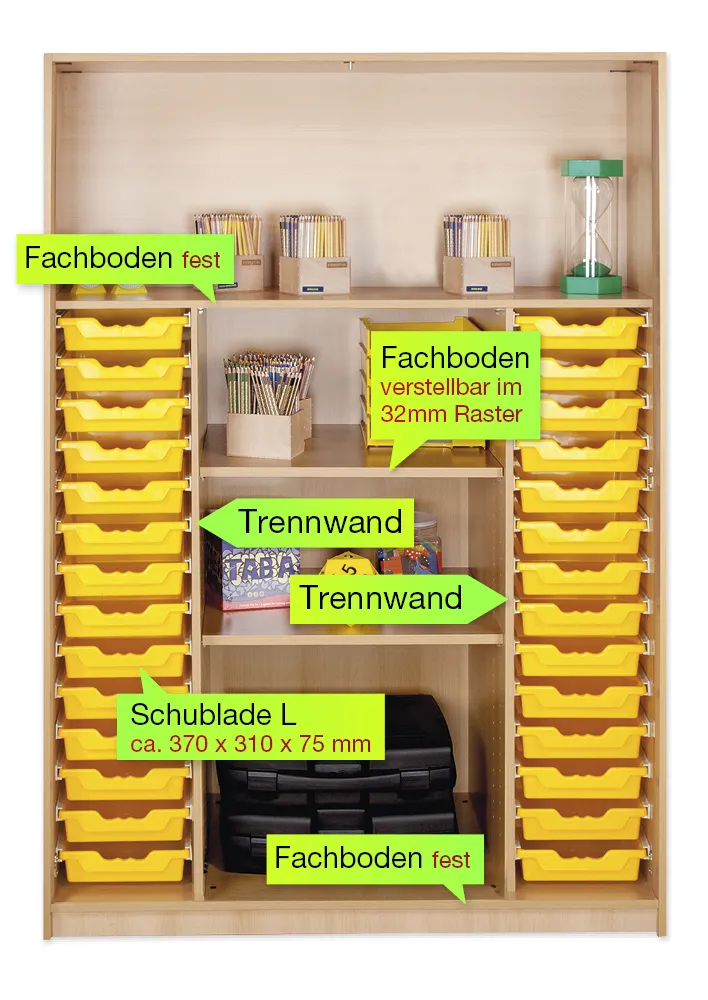 Material-Hochschrank-Regal XL, Plustiefe, 4 Fachböden, 28 Schubladen L