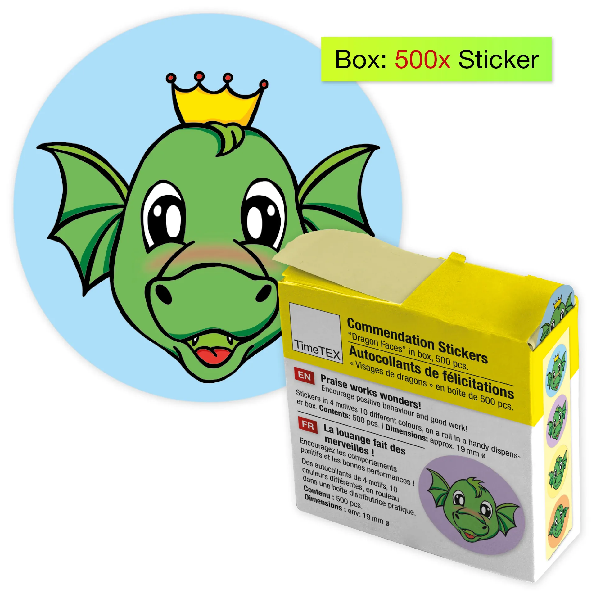 Belobigungs-Aufkleber "Drachen-Gesichter" in Spender-Box, 500 Stück