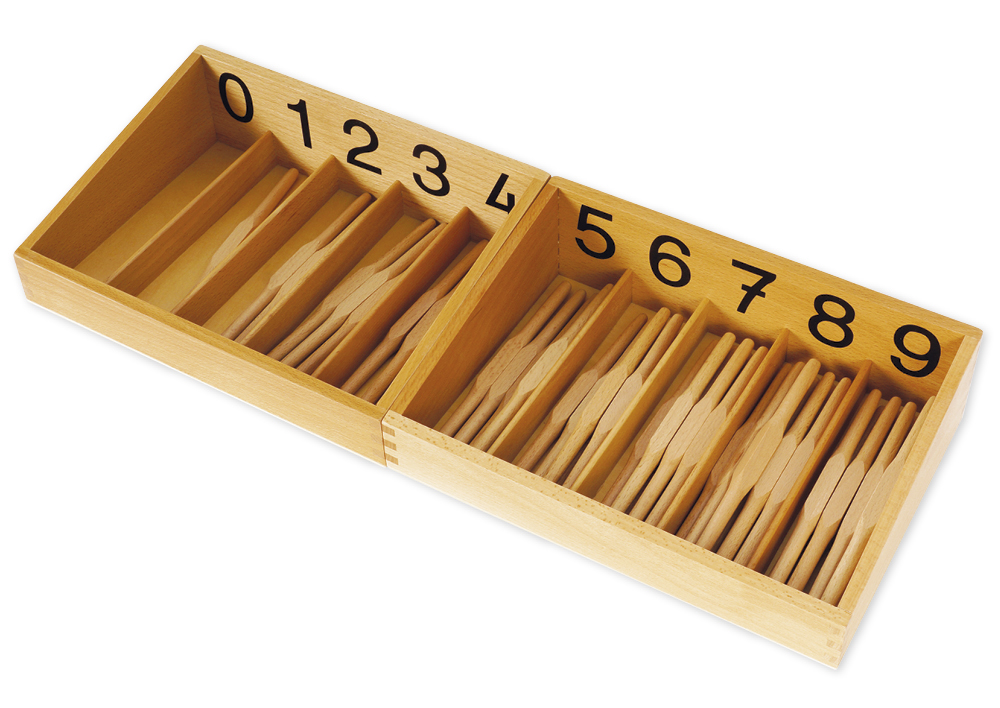 45 fuseaux en bois et 2 boîtes 0-4 et 5-9 TimeTEX « Montessori Premium »