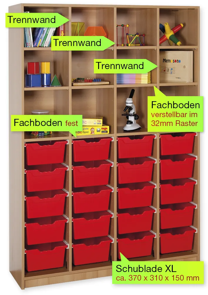 Material-Hochschrank-Regal XL, Basistiefe, 12 Fachböden, 20 Schubladen XL