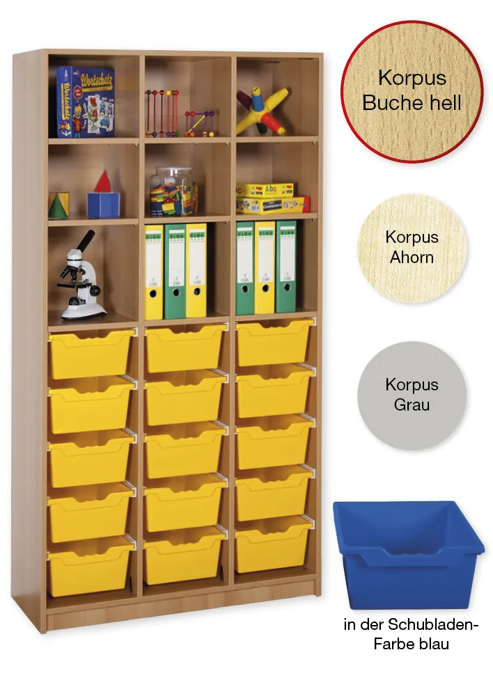 Material-Hochschrank-Regal L, Basistiefe, 9 Fachböden, 15 Schubladen XL