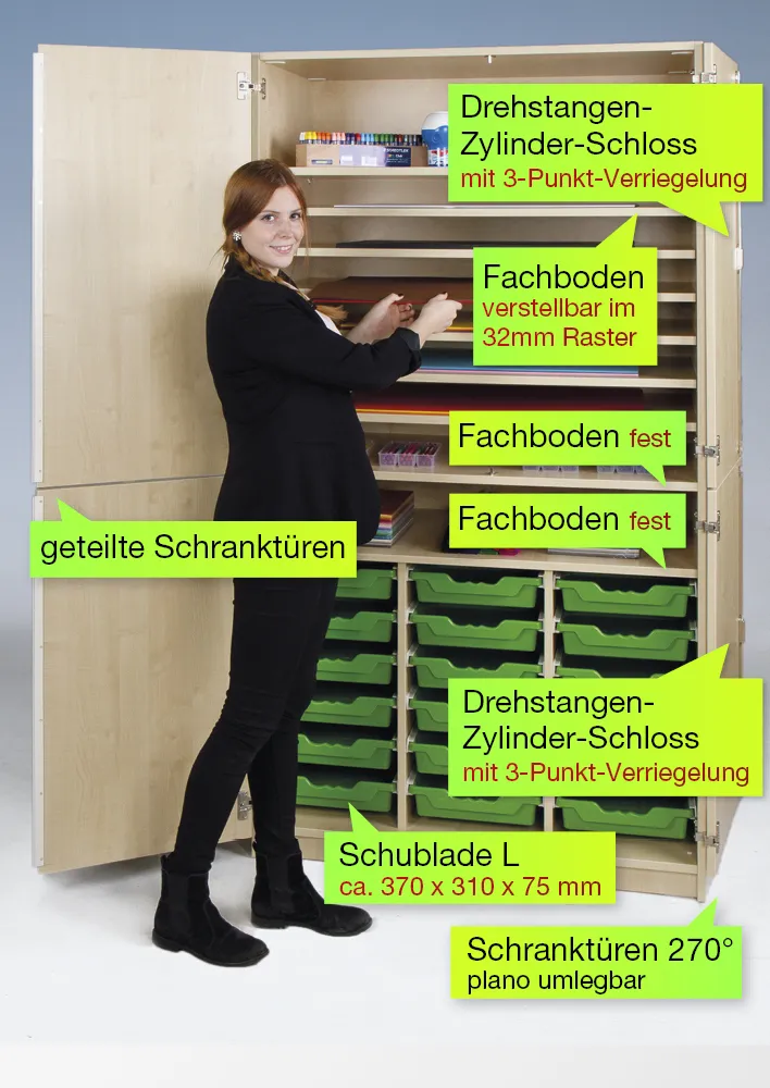 Material-Hochschrank L geteilt, Extratiefe, 9 Fachböden, 18 Schubladen L