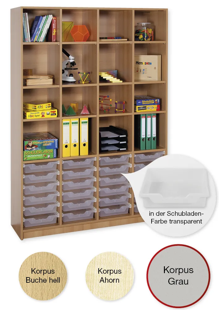 Material-Hochschrank-Regal XL, Basistiefe, 16 Fachböden, 24 Schubladen L