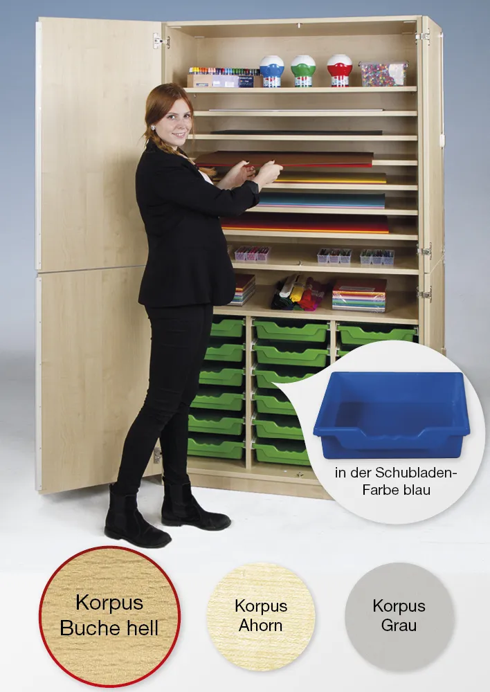 Material-Hochschrank L geteilt, Extratiefe, 9 Fachböden, 18 Schubladen L