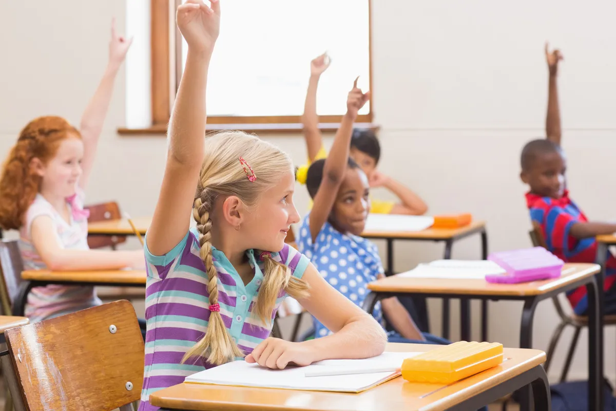 Grundschulkinder sitzen im Klassenzimmer an Tischen und melden sich