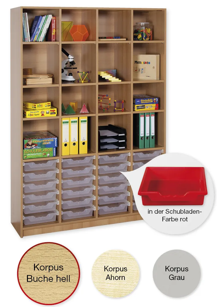 Material-Hochschrank-Regal XL, Basistiefe, 16 Fachböden, 24 Schubladen L