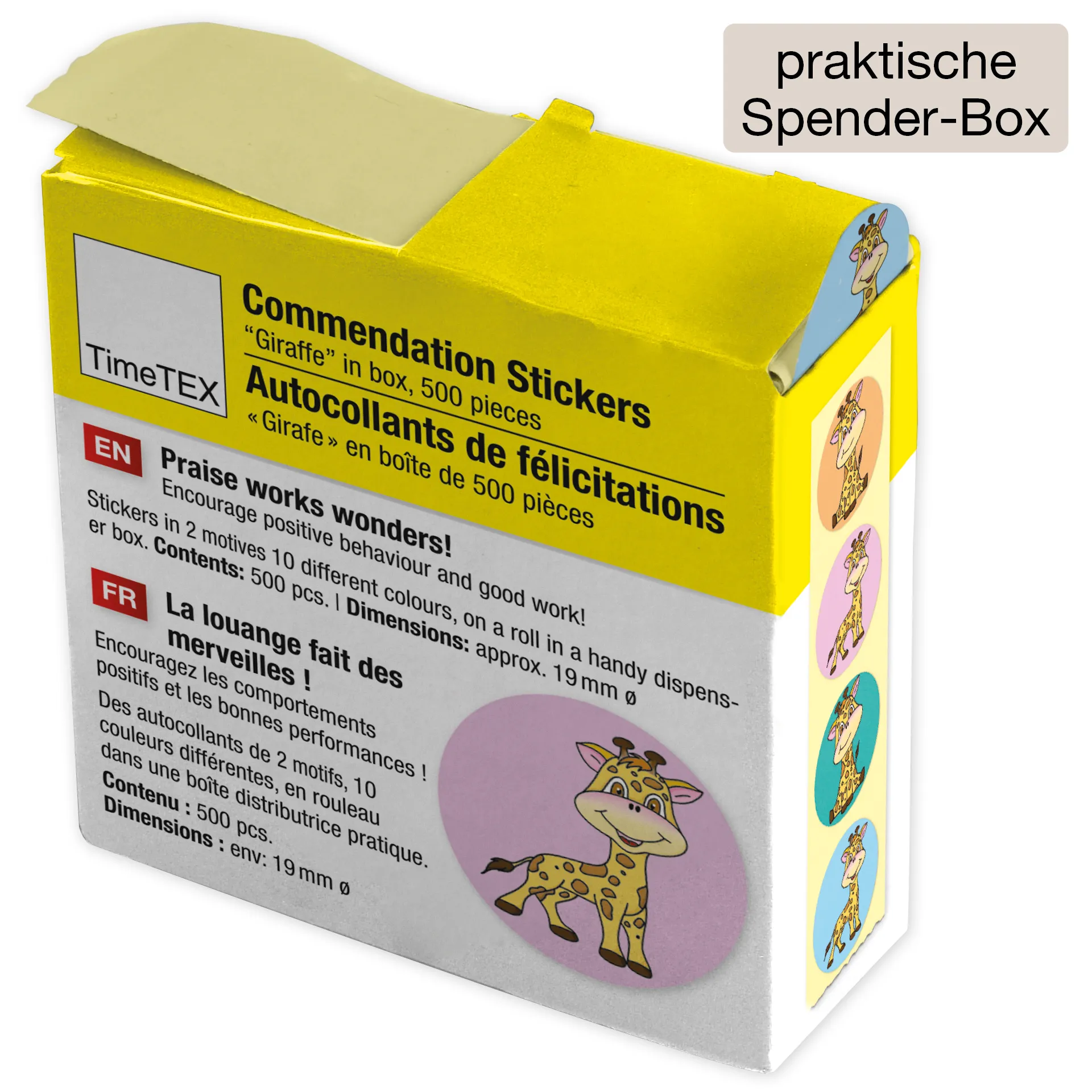 Abțibilduri pentru motivare și recompensare "girafă", în cutie-dispenser, 500 de bucăți