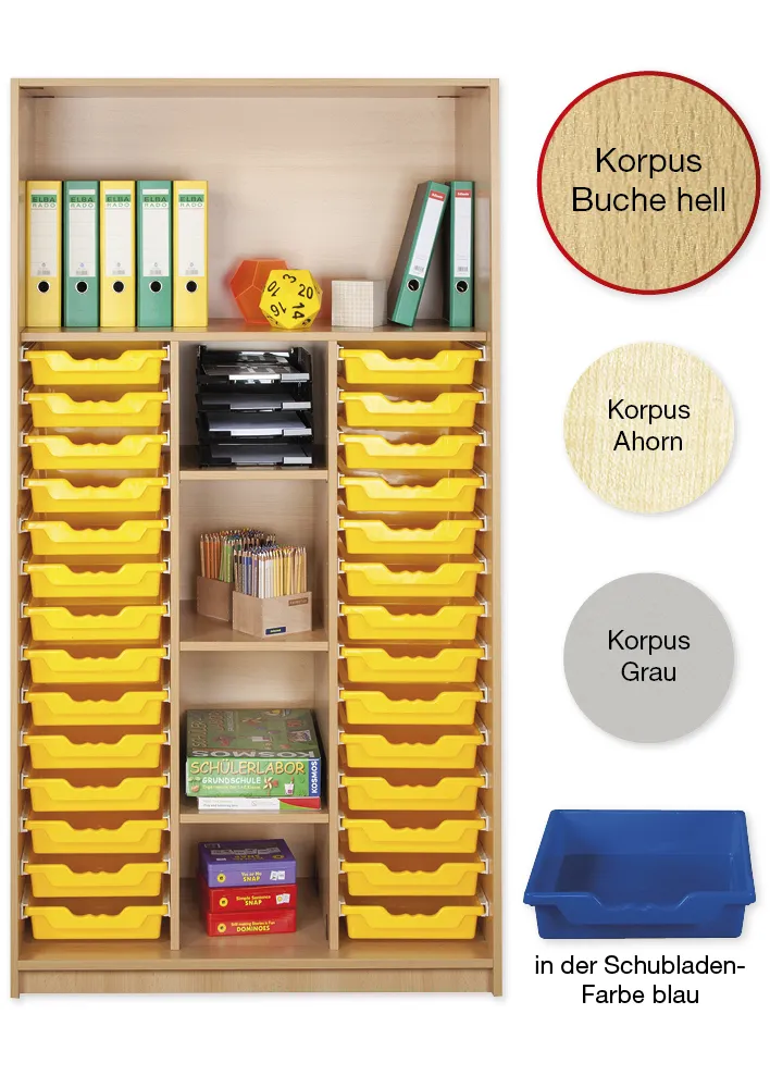 Material-Hochschrank-Regal L, Basistiefe, 5 Fachböden, 28 Schubladen L