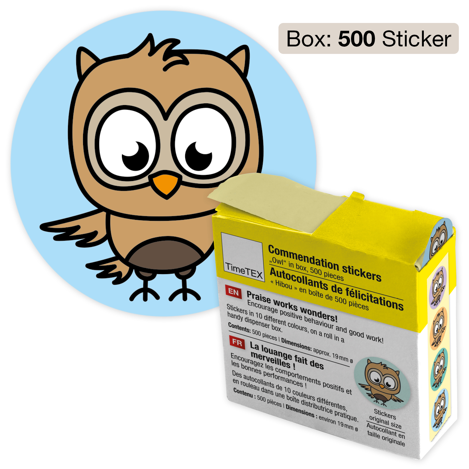 Belöningsklistermärker "Uggla" i en dispenserlåda, 500 st