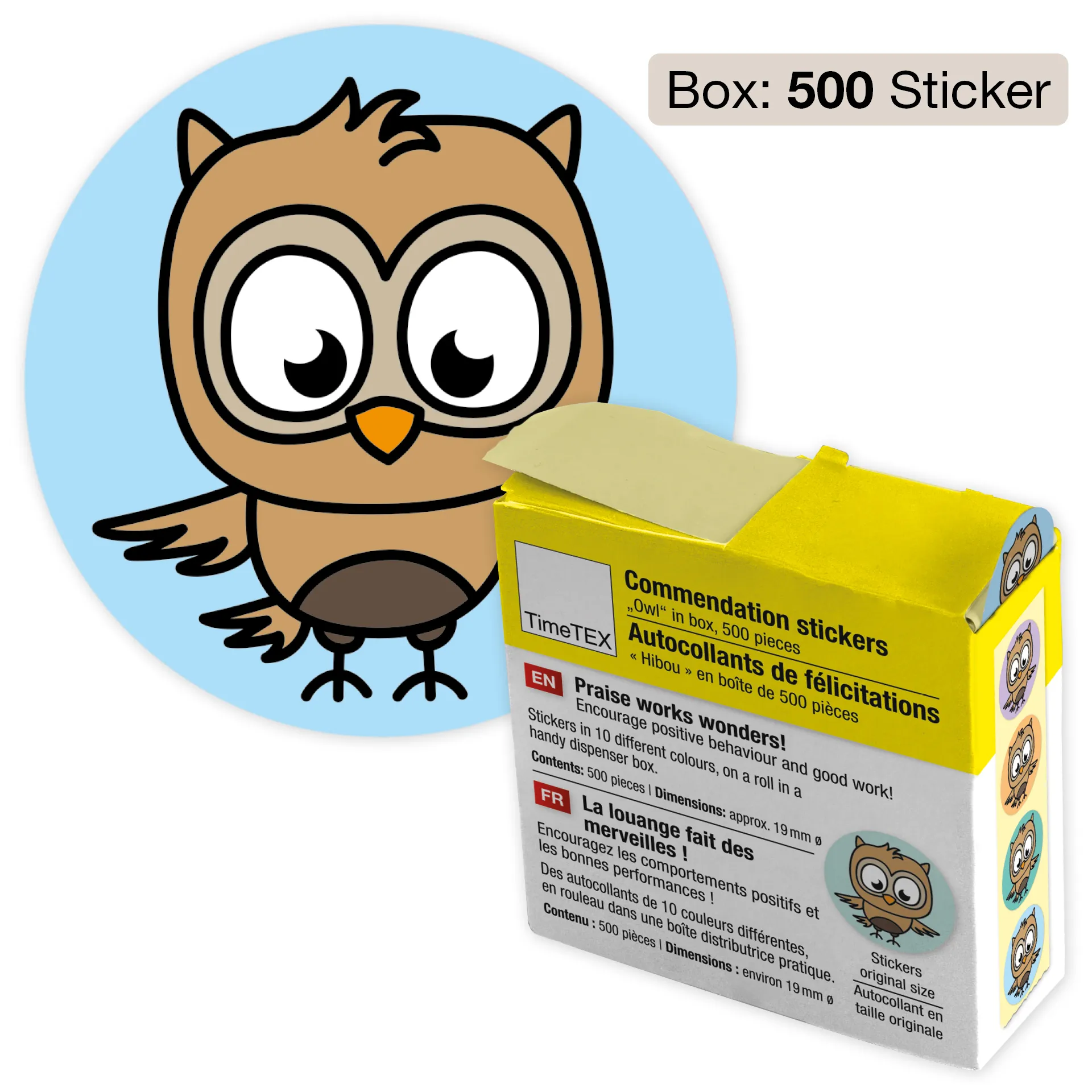 Belobigungs-Aufkleber "Eule" in Spender-Box, 500 Stück