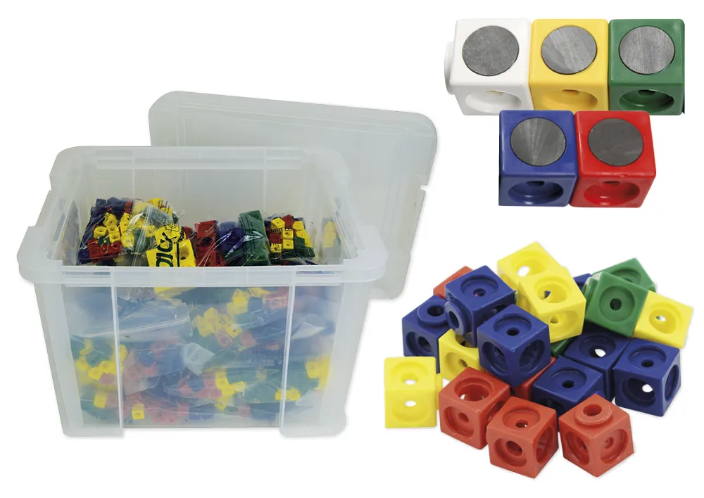 Klassensatz Steckwürfel rot/blau/grün/gelb, 21-tlg., in Stapel-Box