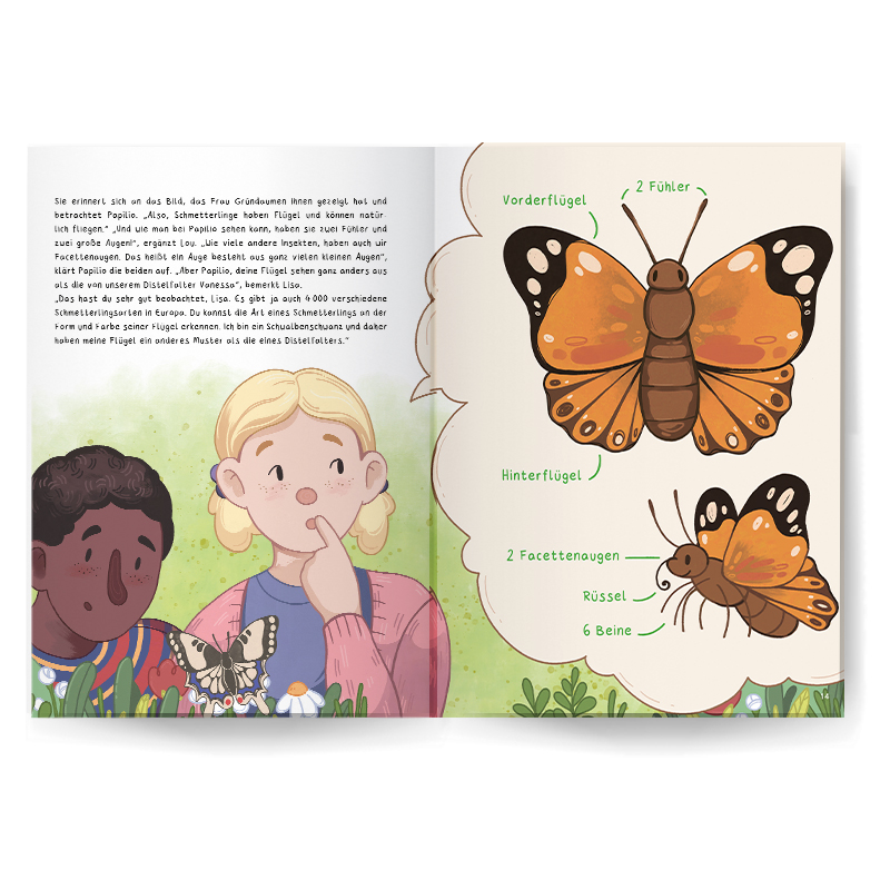 Pädagogisches Kinderbuch "Lou, Lisa und die Schmetterlinge – Eine aufregende Verwandlung", 56 Seiten