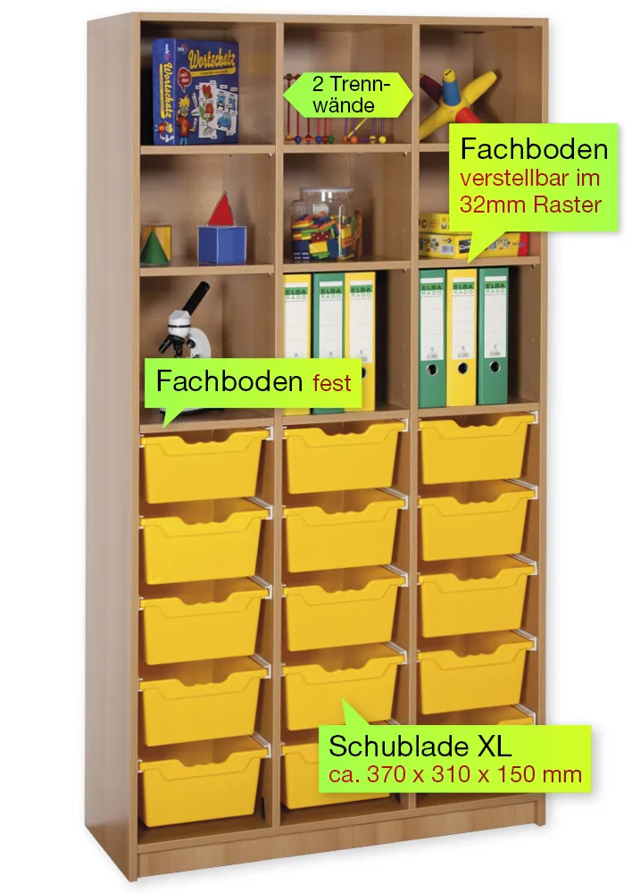 Material-Hochschrank-Regal L, Basistiefe, 9 Fachböden, 15 Schubladen XL