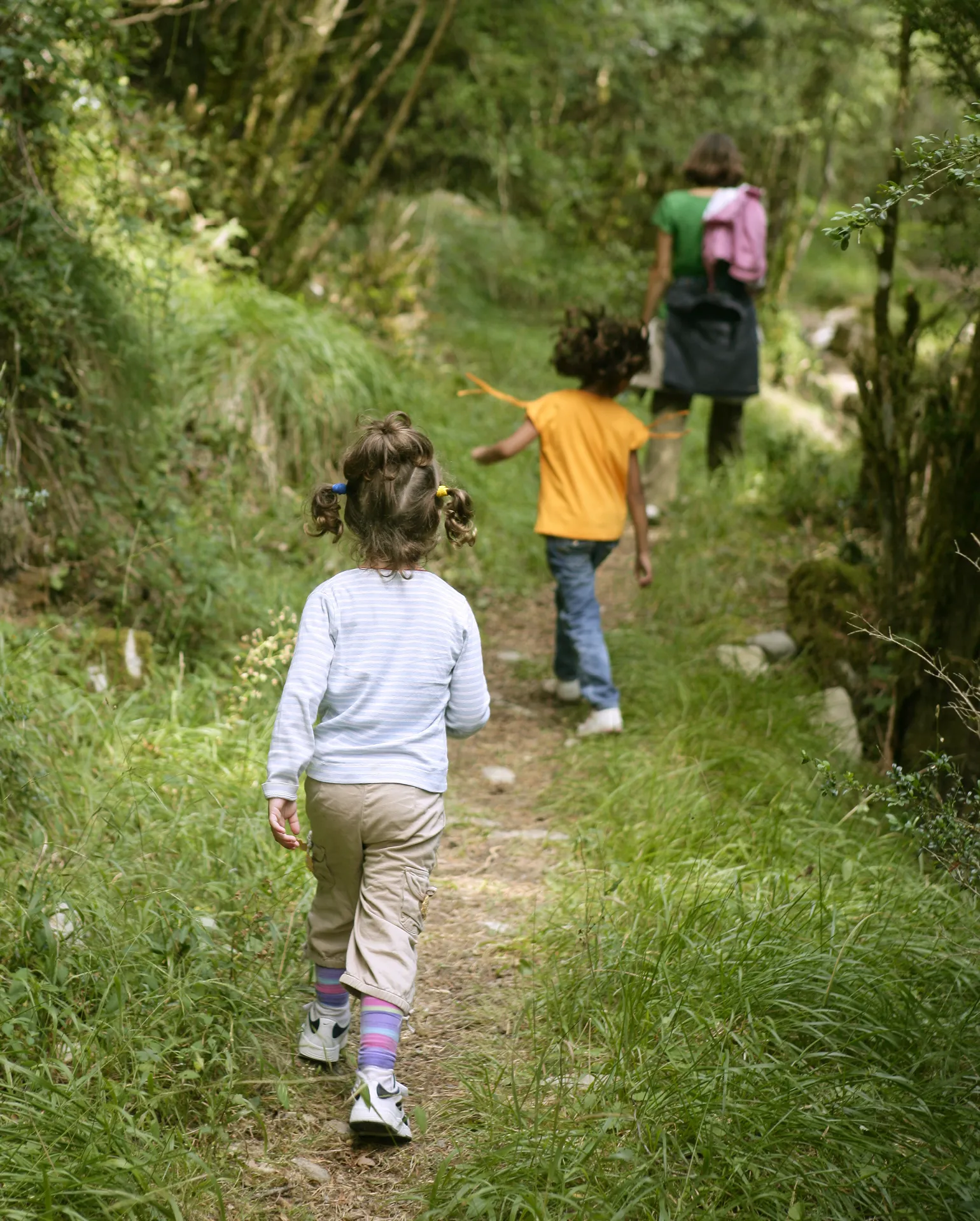 Kinder spazieren im Wald