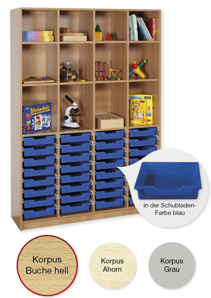 Material-Hochschrank-Regal XL, Basistiefe, 12 Fachböden, 32 Schubladen L