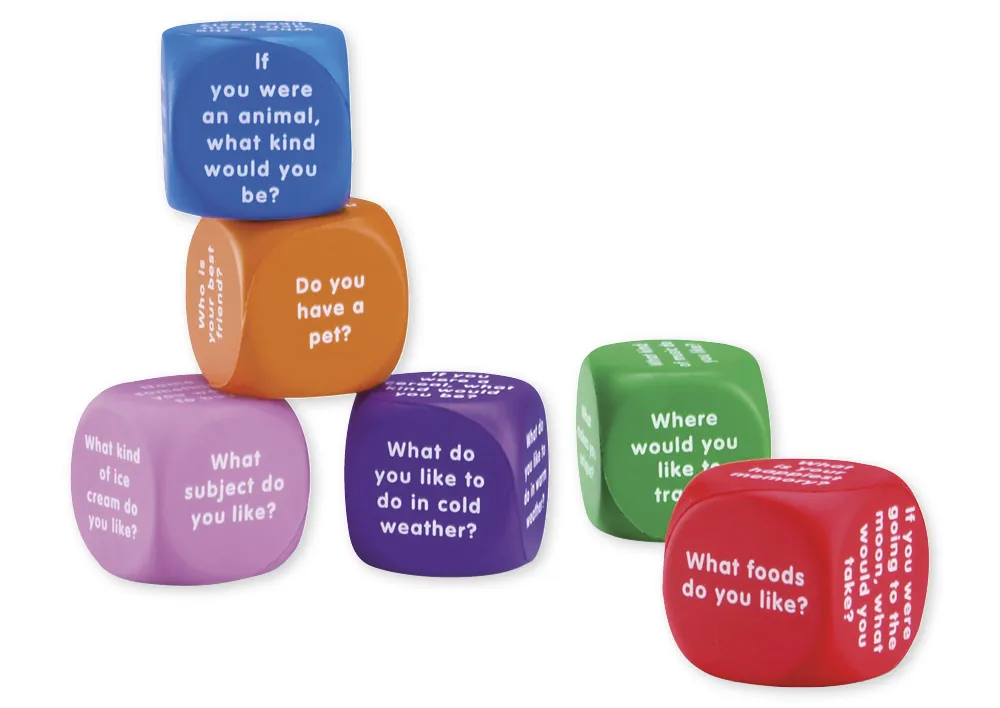 Set Flüster-Würfel 6-tlg. Englisch "Fragen", 4 cm