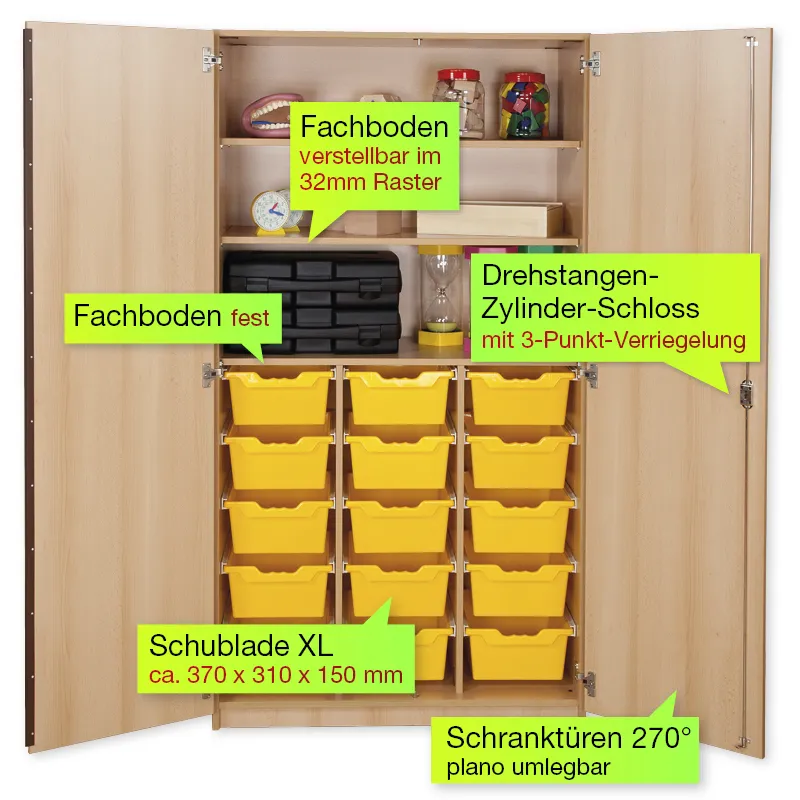 Material-Hochschrank L, Plustiefe, 3 Fachböden, 15 Schubladen XL
